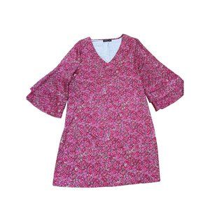 NoraCora Women's Pink Floral V-Neck Shirt Dress Size Small Trumpet Sleeve